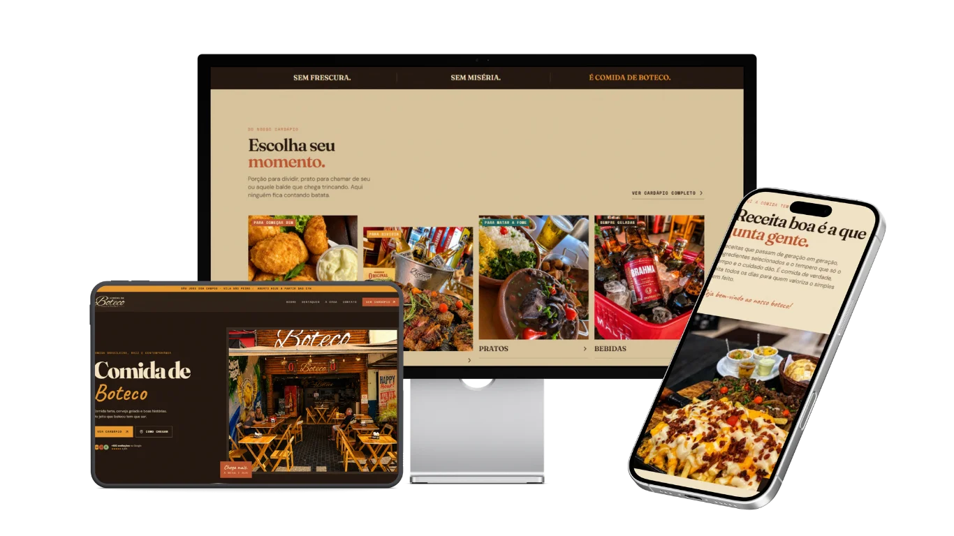 Comida de Boteco — composição responsiva do site institucional e cardápio digital.